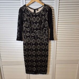 Black Lace Sheath Dress L 3/4 Sleeve Lined Cocktail Party Evening LBD VFemage